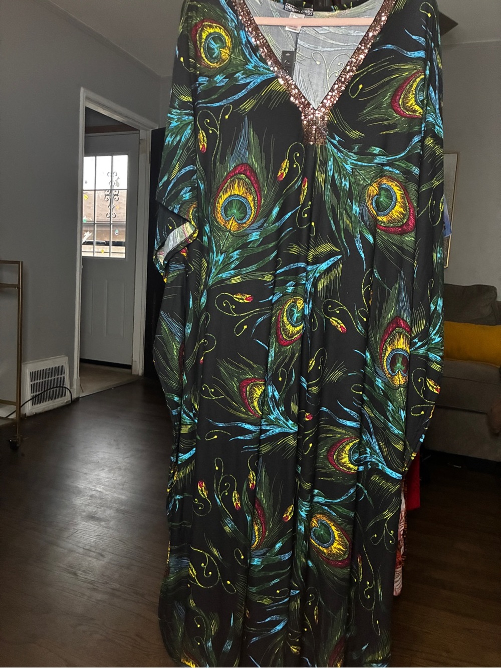 Peacock-Print Black V-Neck Kaftan Dress